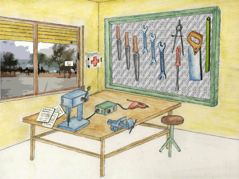 Dibujo del rincn de un taller de tecnologa con un panel de herramientas